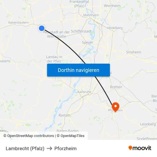 Lambrecht (Pfalz) to Pforzheim map