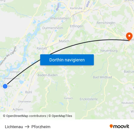 Lichtenau to Pforzheim map