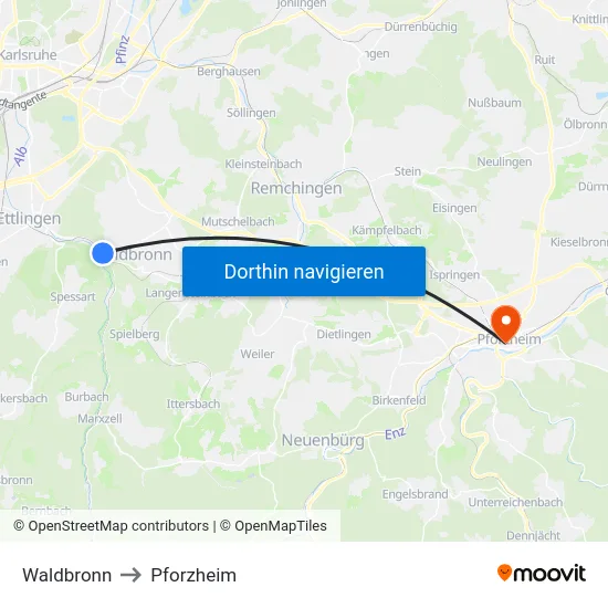 Waldbronn to Pforzheim map