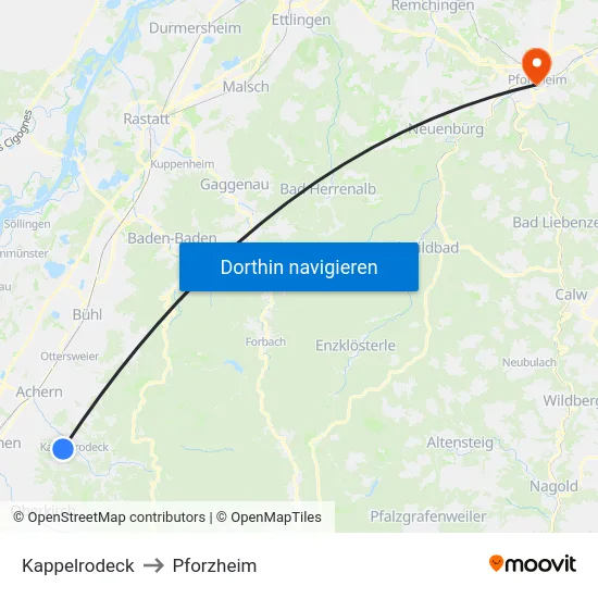 Kappelrodeck to Pforzheim map