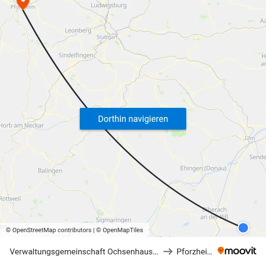 Verwaltungsgemeinschaft Ochsenhausen to Pforzheim map
