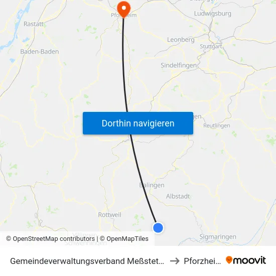 Gemeindeverwaltungsverband Meßstetten to Pforzheim map