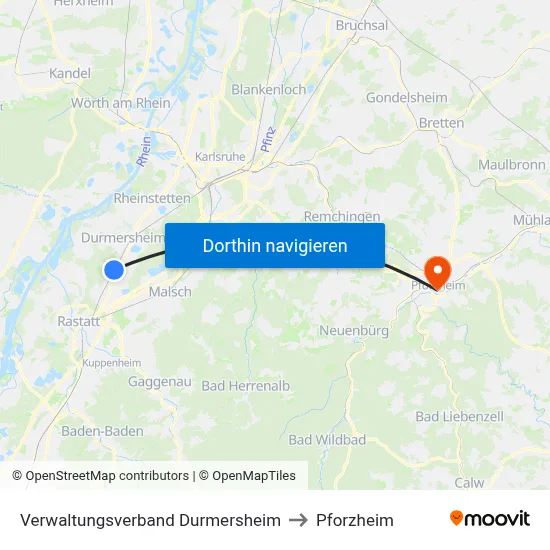 Verwaltungsverband Durmersheim to Pforzheim map