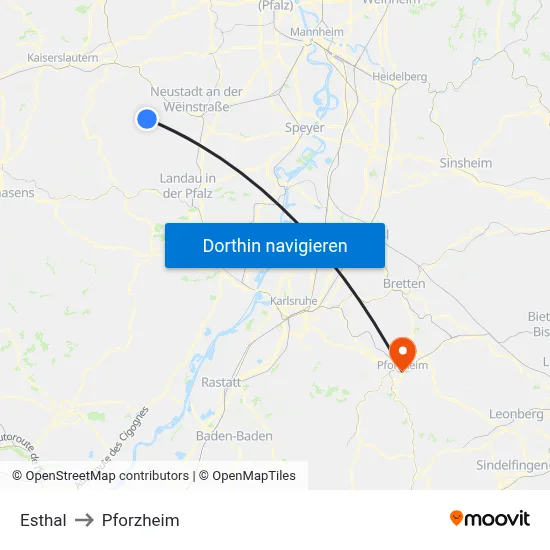 Esthal to Pforzheim map