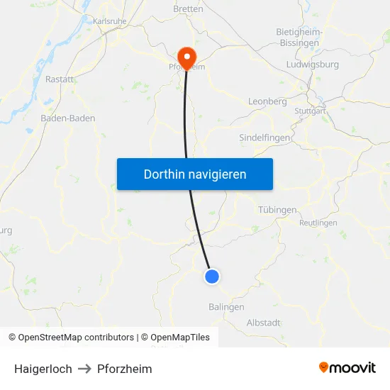 Haigerloch to Pforzheim map