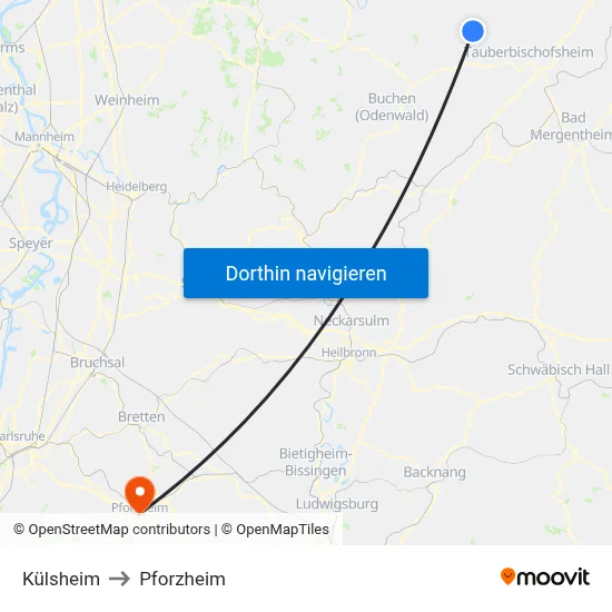 Külsheim to Pforzheim map