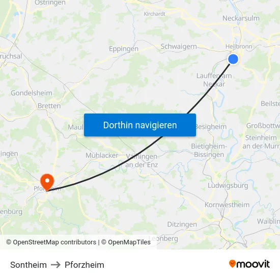 Sontheim to Pforzheim map