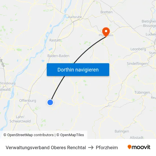 Verwaltungsverband Oberes Renchtal to Pforzheim map