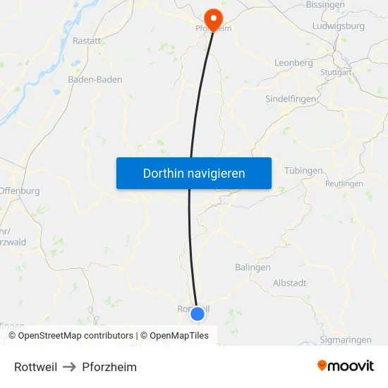 Rottweil to Pforzheim map