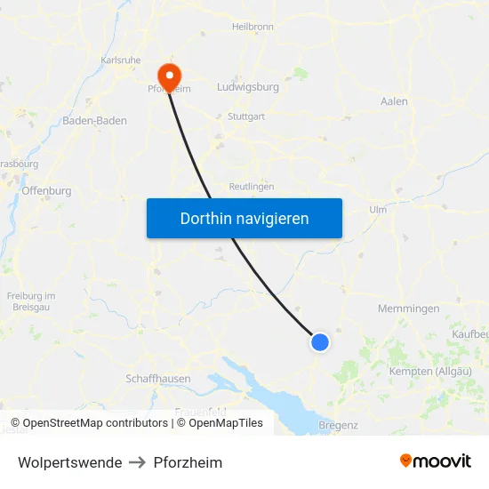 Wolpertswende to Pforzheim map