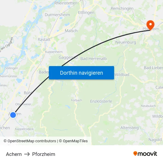 Achern to Pforzheim map