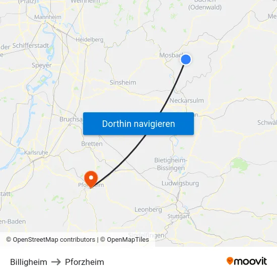 Billigheim to Pforzheim map