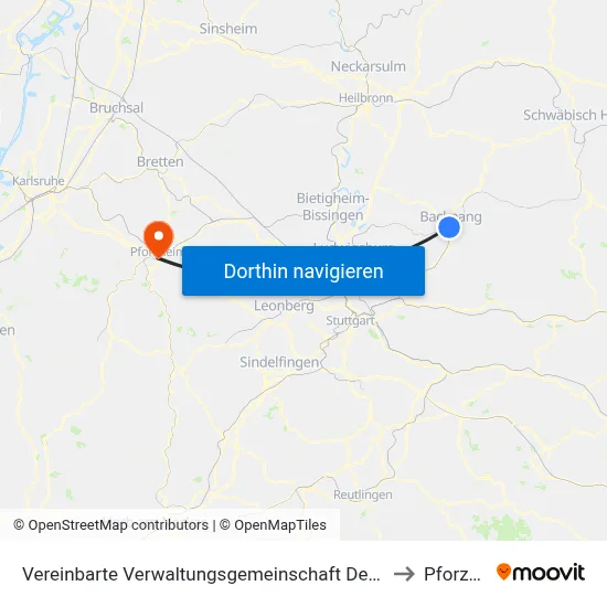 Vereinbarte Verwaltungsgemeinschaft Der Stadt Backnang to Pforzheim map