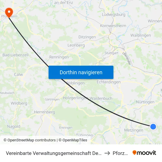 Vereinbarte Verwaltungsgemeinschaft Der Stadt Neuffen to Pforzheim map
