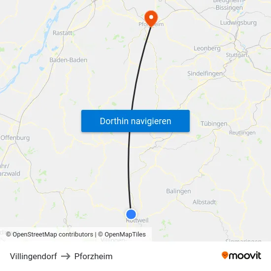 Villingendorf to Pforzheim map