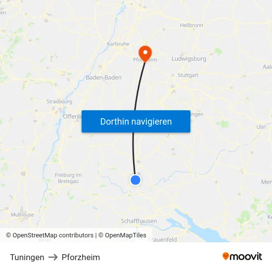 Tuningen to Pforzheim map