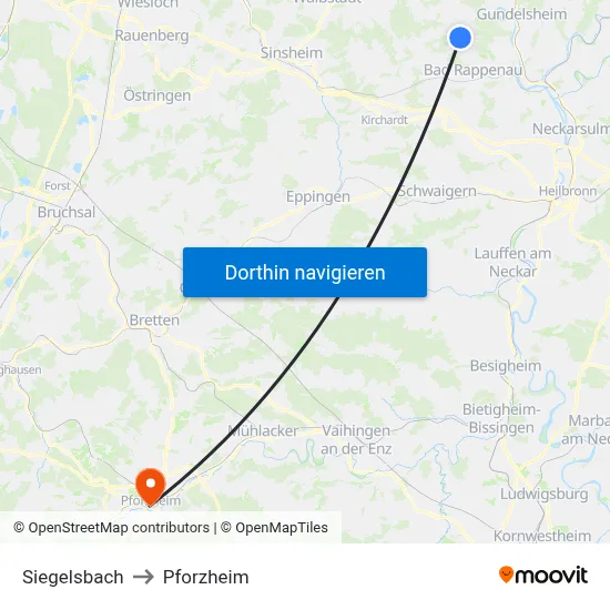 Siegelsbach to Pforzheim map
