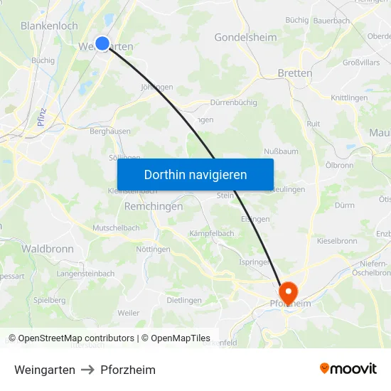 Weingarten to Pforzheim map