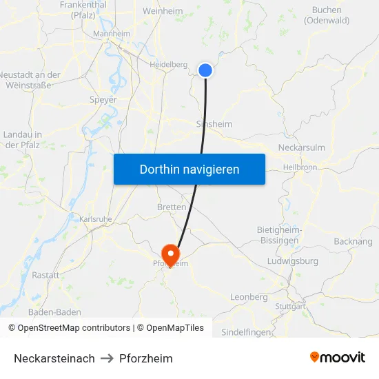 Neckarsteinach to Pforzheim map