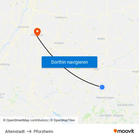 Altenstadt to Pforzheim map