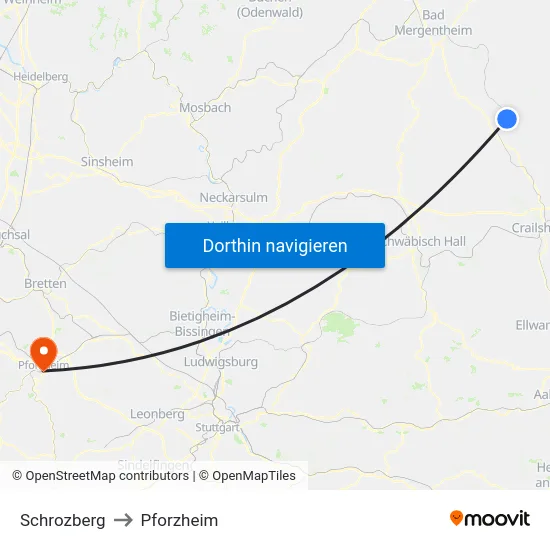 Schrozberg to Pforzheim map