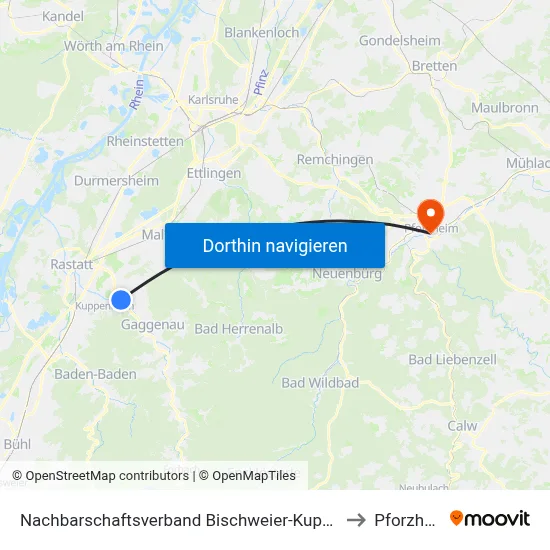Nachbarschaftsverband Bischweier-Kuppenheim to Pforzheim map