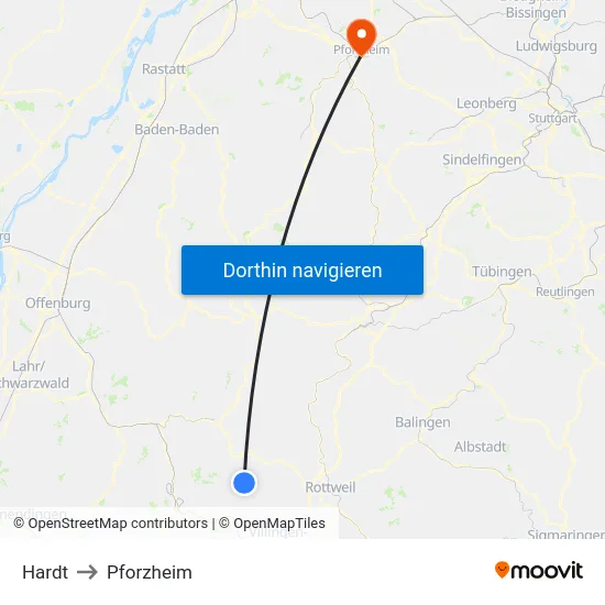 Hardt to Pforzheim map