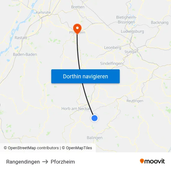 Rangendingen to Pforzheim map