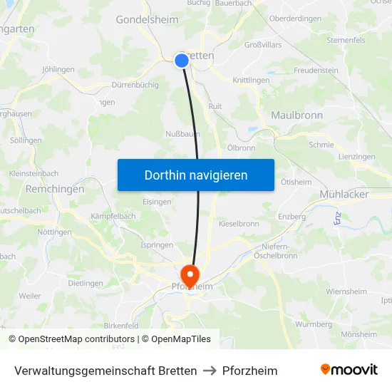 Verwaltungsgemeinschaft Bretten to Pforzheim map