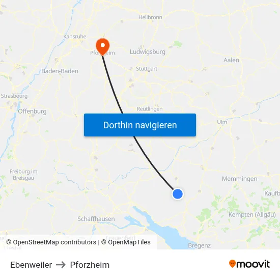 Ebenweiler to Pforzheim map