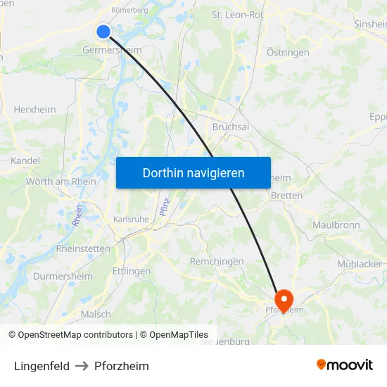 Lingenfeld to Pforzheim map