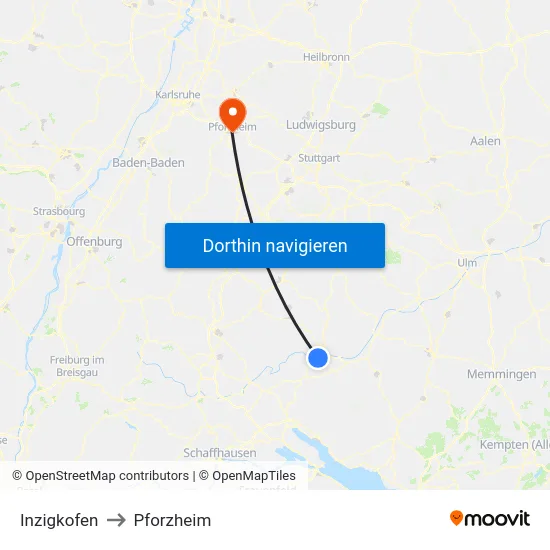 Inzigkofen to Pforzheim map