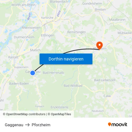 Gaggenau to Pforzheim map