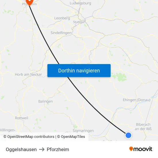 Oggelshausen to Pforzheim map