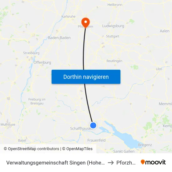 Verwaltungsgemeinschaft Singen (Hohentwiel) to Pforzheim map
