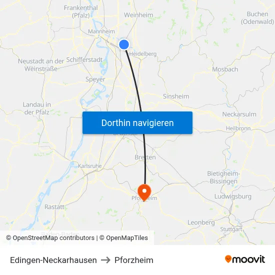 Edingen-Neckarhausen to Pforzheim map