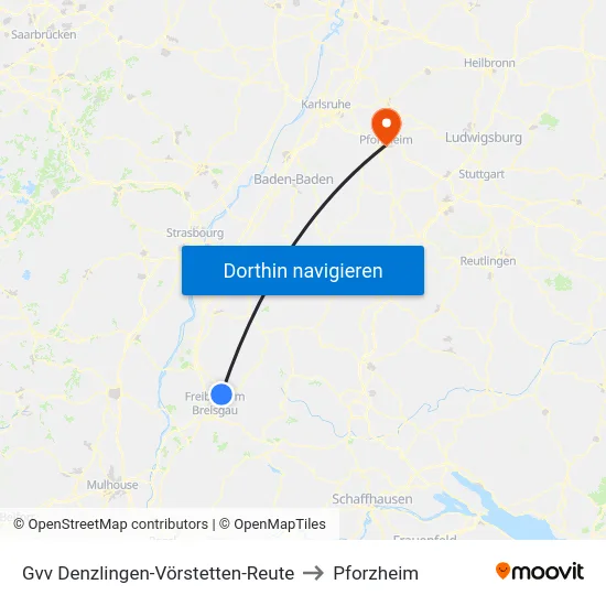 Gvv Denzlingen-Vörstetten-Reute to Pforzheim map