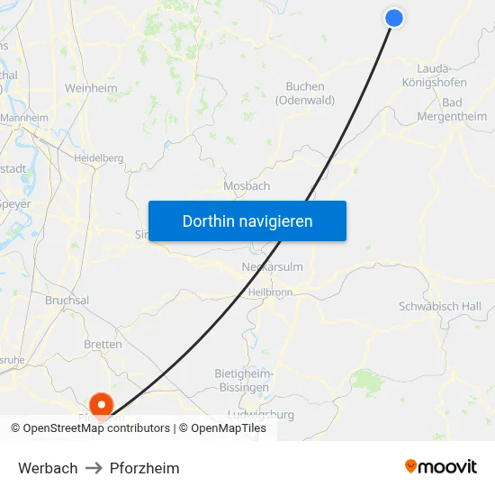 Werbach to Pforzheim map