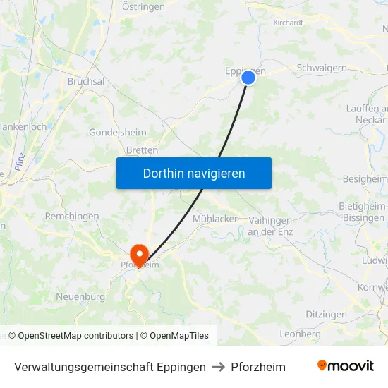 Verwaltungsgemeinschaft Eppingen to Pforzheim map