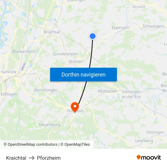 Kraichtal to Pforzheim map