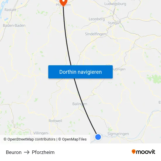 Beuron to Pforzheim map