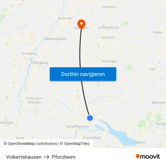 Volkertshausen to Pforzheim map
