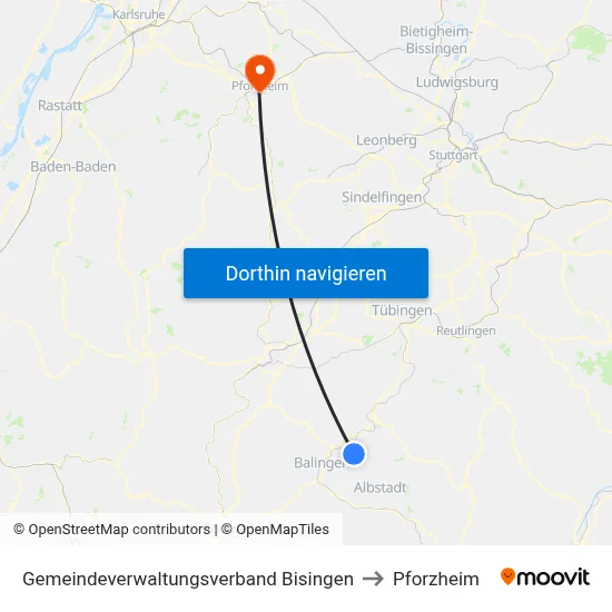 Gemeindeverwaltungsverband Bisingen to Pforzheim map