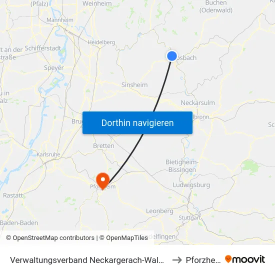 Verwaltungsverband Neckargerach-Waldbrunn to Pforzheim map