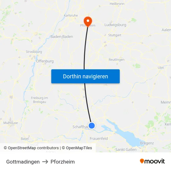 Gottmadingen to Pforzheim map