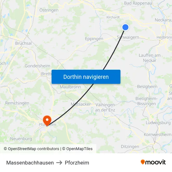 Massenbachhausen to Pforzheim map