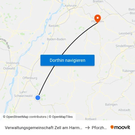 Verwaltungsgemeinschaft Zell am Harmersbach to Pforzheim map