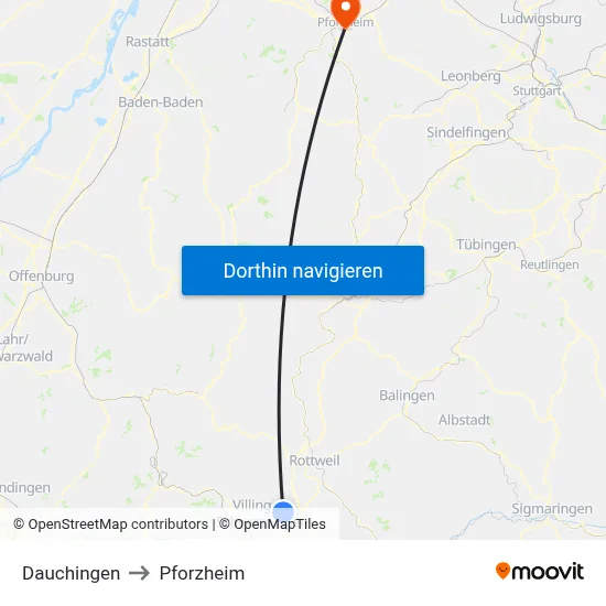 Dauchingen to Pforzheim map