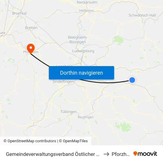 Gemeindeverwaltungsverband Östlicher Schurwald to Pforzheim map