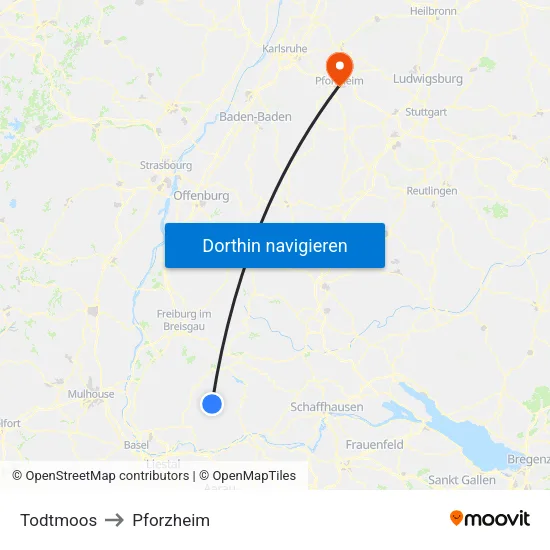 Todtmoos to Pforzheim map